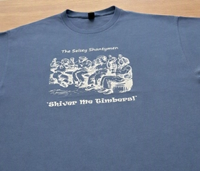 Blue T-shirt with the Shiver Me Timbers logo